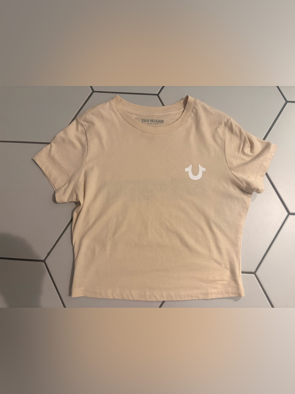 True Religion Beige Cropped Logo Tee